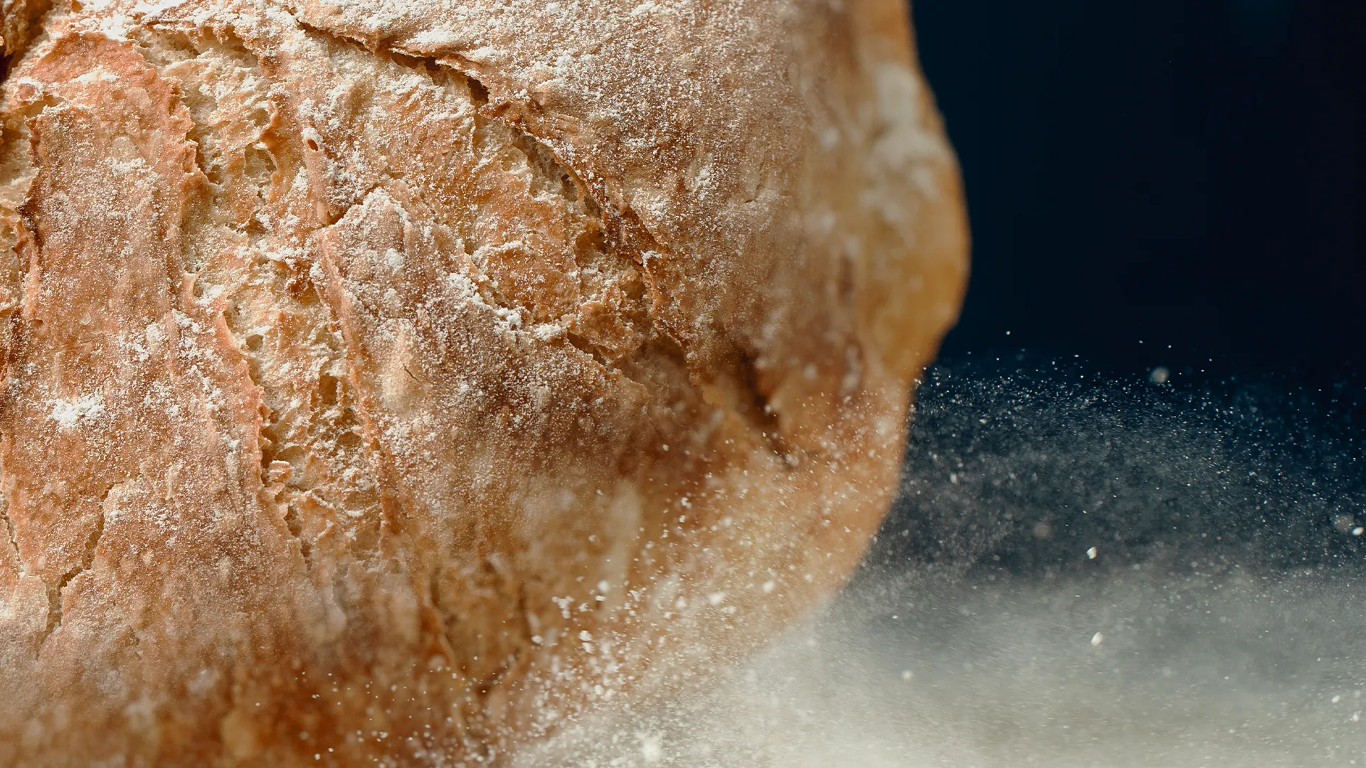 Pão artesanal recém-assado com crosta dourada e farinha sendo polvilhada, em fundo escuro.