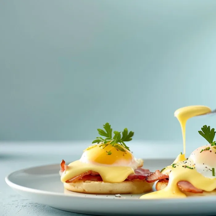 Ovos Benedict com molho holandês cremoso em prato branco, guarnecidos com salsa. Delicioso café da manhã gourmet.