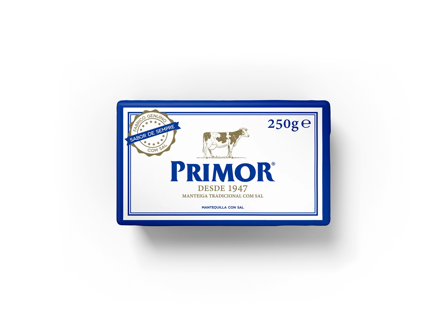 Pacote de manteiga Primor com sal, 250g, desde 1947, sabor tradicional.