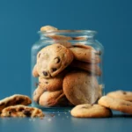 Biscoitos de chocolate em pote de vidro sobre fundo azul, perfeitos para um lanche saboroso.